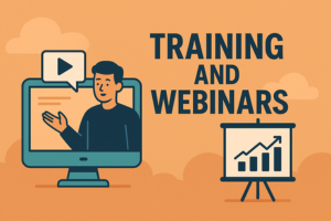 Training and Webinars Graphic showing cartoon person and graphs
